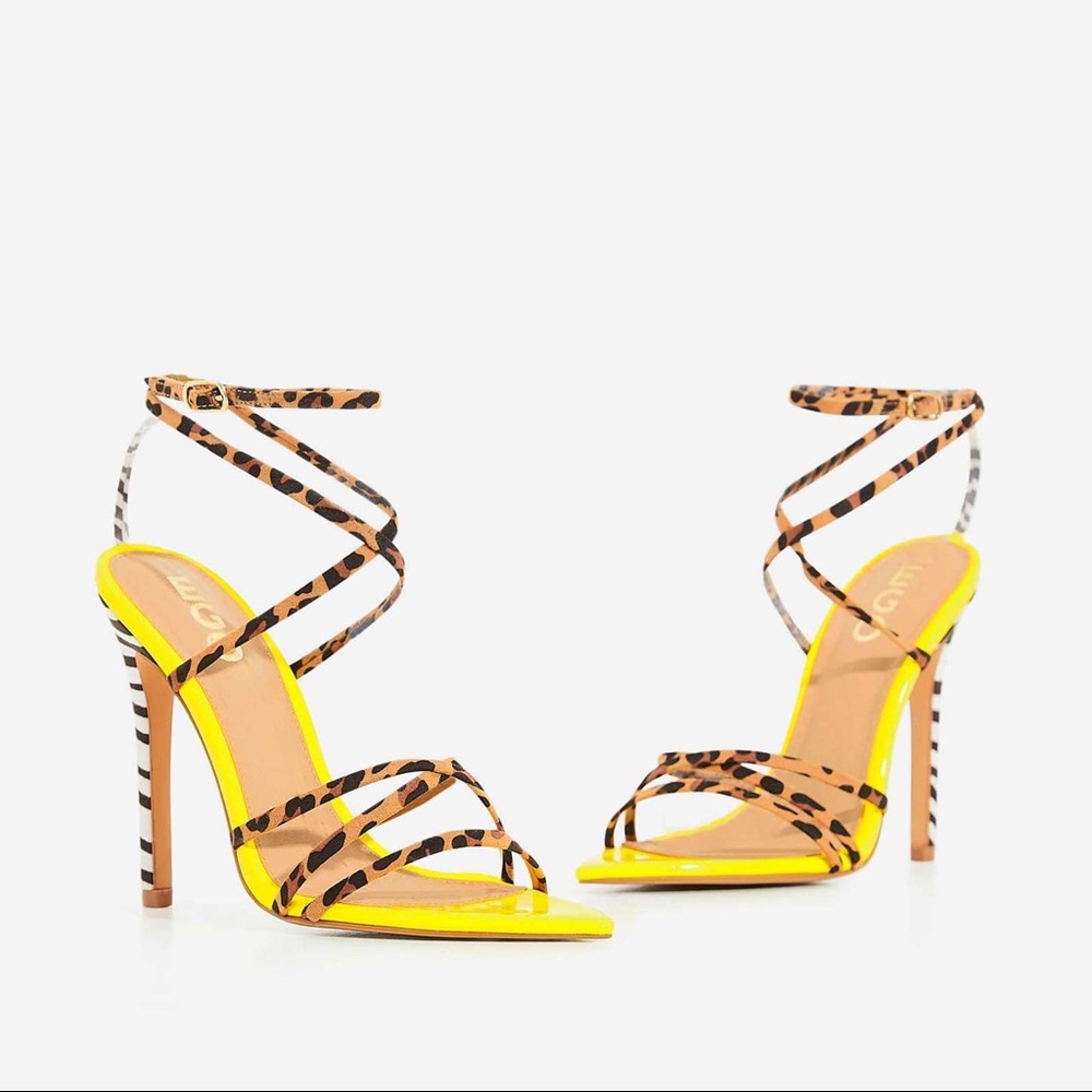 EGO Neon Yellow Leopard Print Strappy Heels